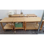 11 SQUARE WOODEN FABRIC SET OUT TABLES, THREE RECTANGLE WOODEN SET OUT TABLES AND AN IRONING