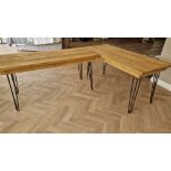 TWO CONTEMPORARY INDUSTRIAL STYLE DINING TABLES WITH HAIRPIN LEGS APPROX SIZE 5 FOOT X 2.5