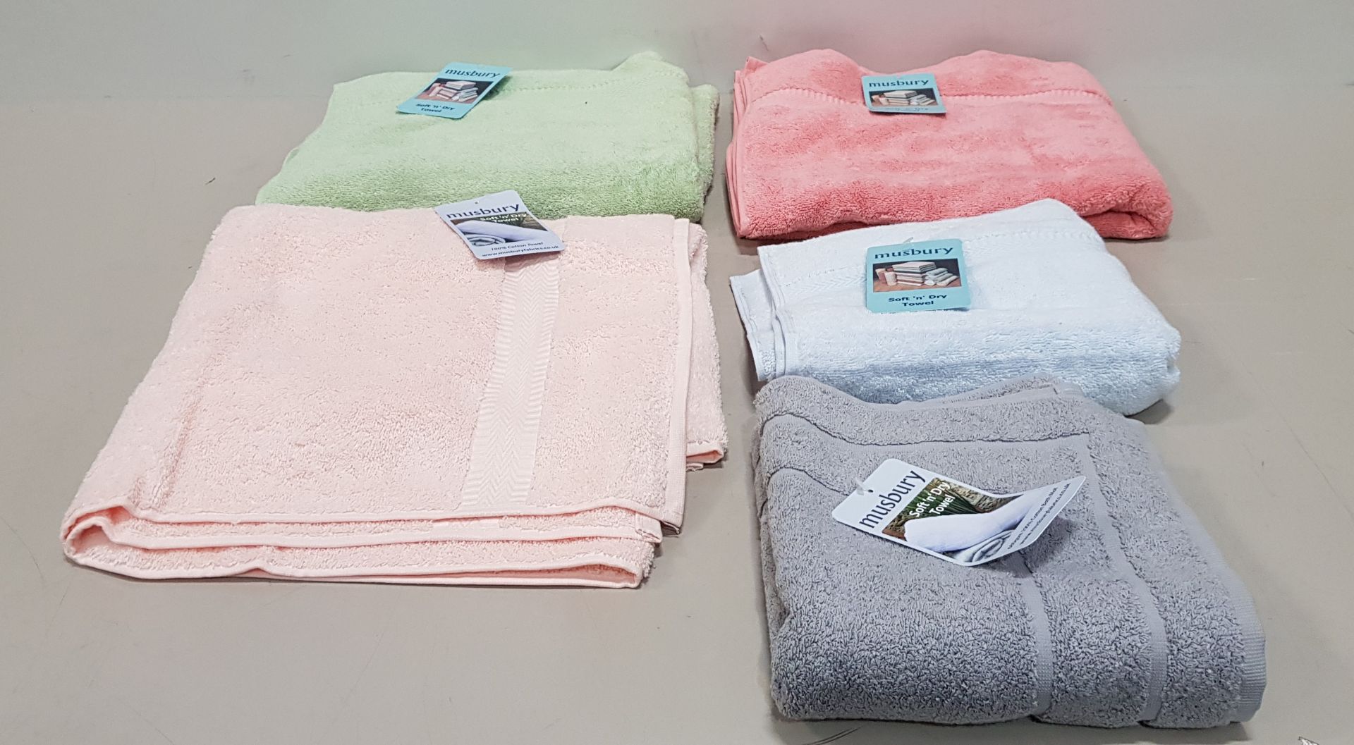 50 X BRAND NEW MIXED MUSBURY SUPERSOFT N DRY BATH / HAND / FACE TOWELS - ALL IN VARIOUS COLOUR IN