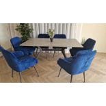 DINING TABLE WITH CERAMIC TOP AND SIX BLUE FABRIC DINING CHAIRS *** PLEASE NOTE: ASSETS ARE