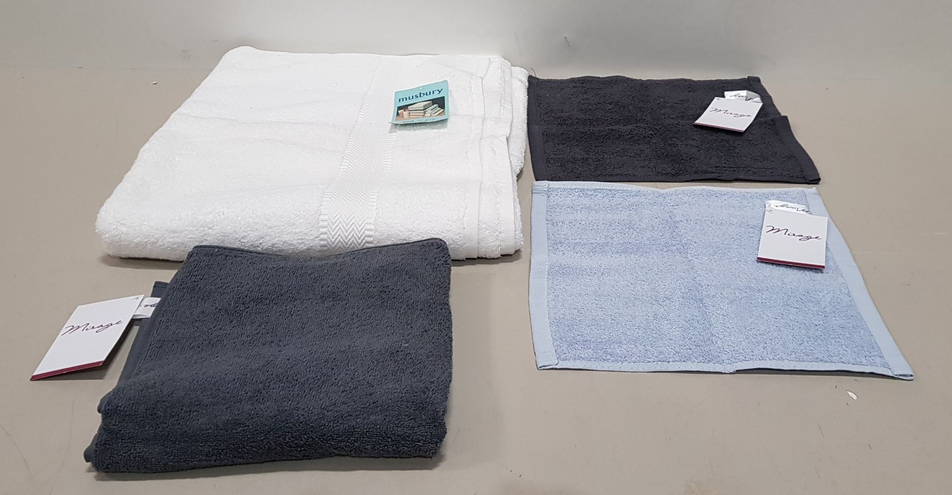 50 X BRAND NEW MIXED MUSBURY AND MISAGE SUPERSOFT N DRY BATH / HAND / FACE TOWELS - ALL IN VARIOUS