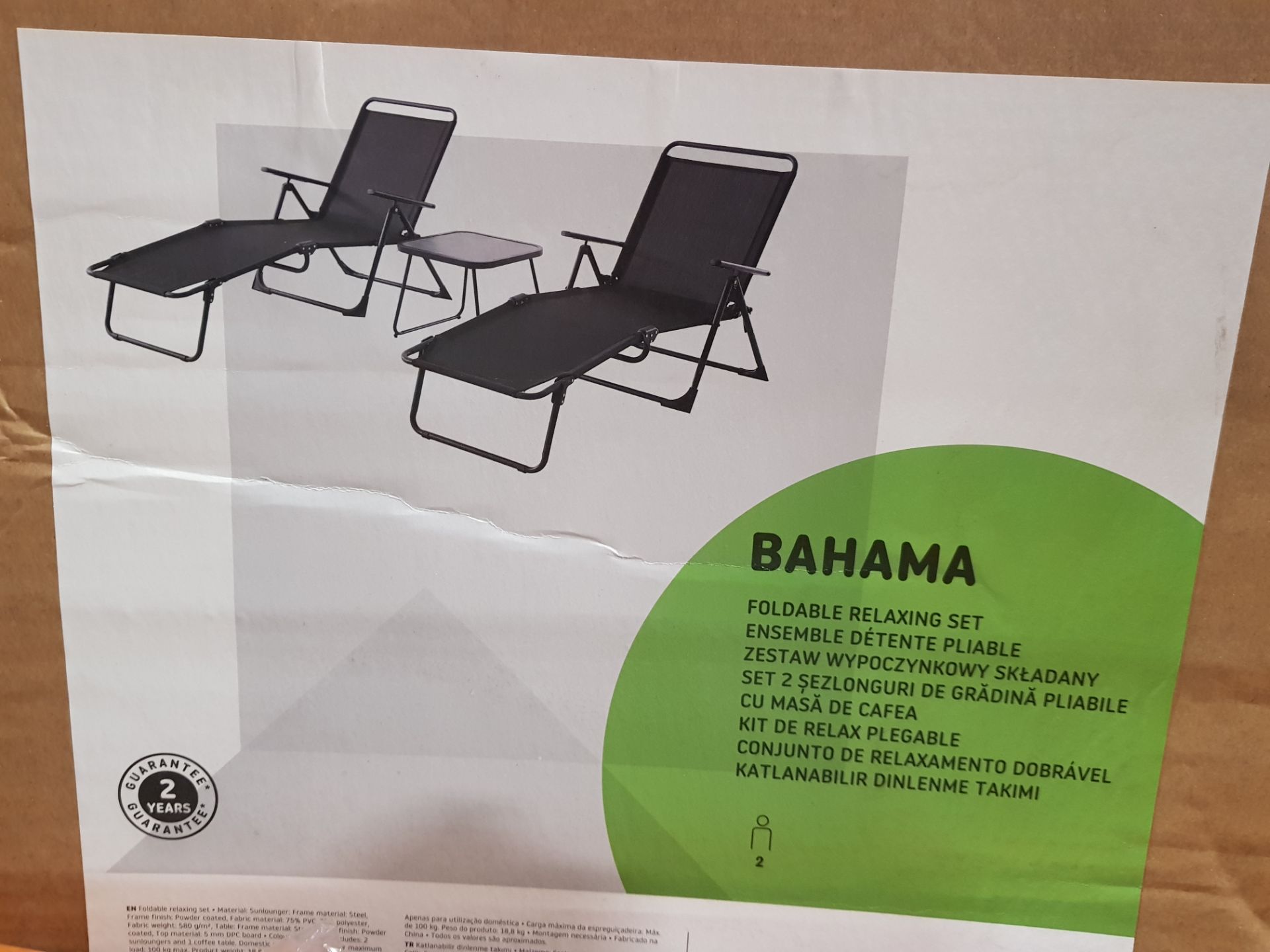 1 X BRAND NEW BAHAMA 2 SEATER FOLDABLE SUNLOUNGER AND COFFEE TABLE SET - IN BLACK COLOUR - IN 1 BOX - Image 2 of 2