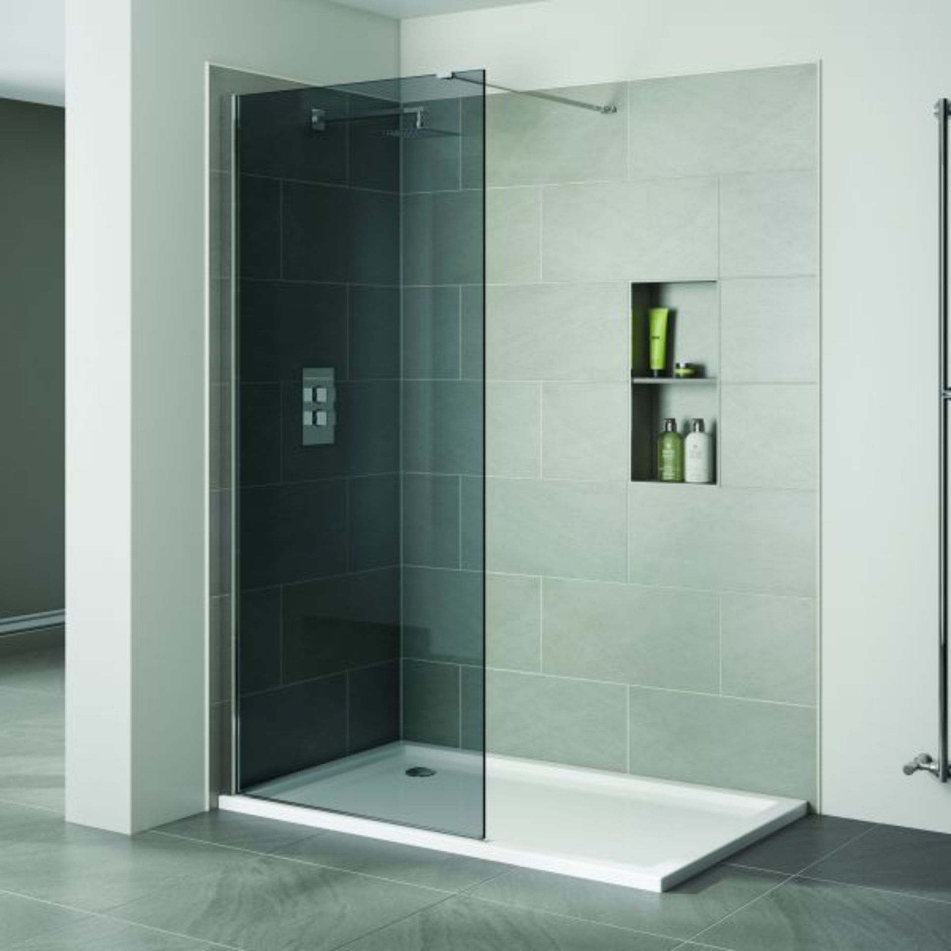 8 X BRAND NEW APRIL IDENTITI SMOKED WETROOM PANEL - IN POLISHED SILVER - 1200 X 1950 MM - ( AP9406S)