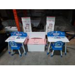 2 X BRAND NEW KIDS WOODEN SPACE TABLE AND CHAIR SET IN BLUE AND WHITE AND 1 X WOODEN TOY STORAGE /