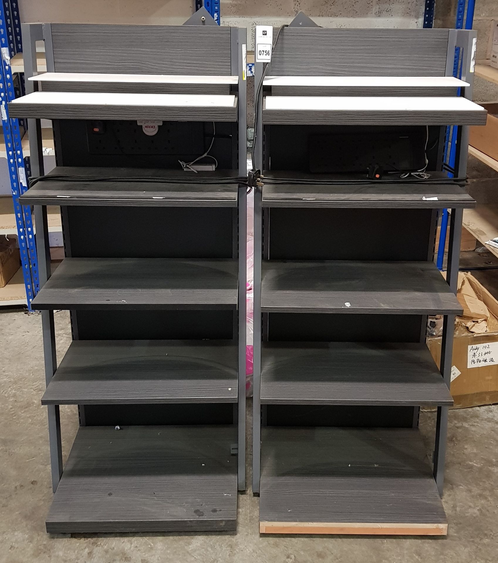 2 X 6 SHELF STORAGE UNITS IN GREY WITH LED LIGHTS - WITH BUILT IN 10 GANG EXTENSION SOCKETS -