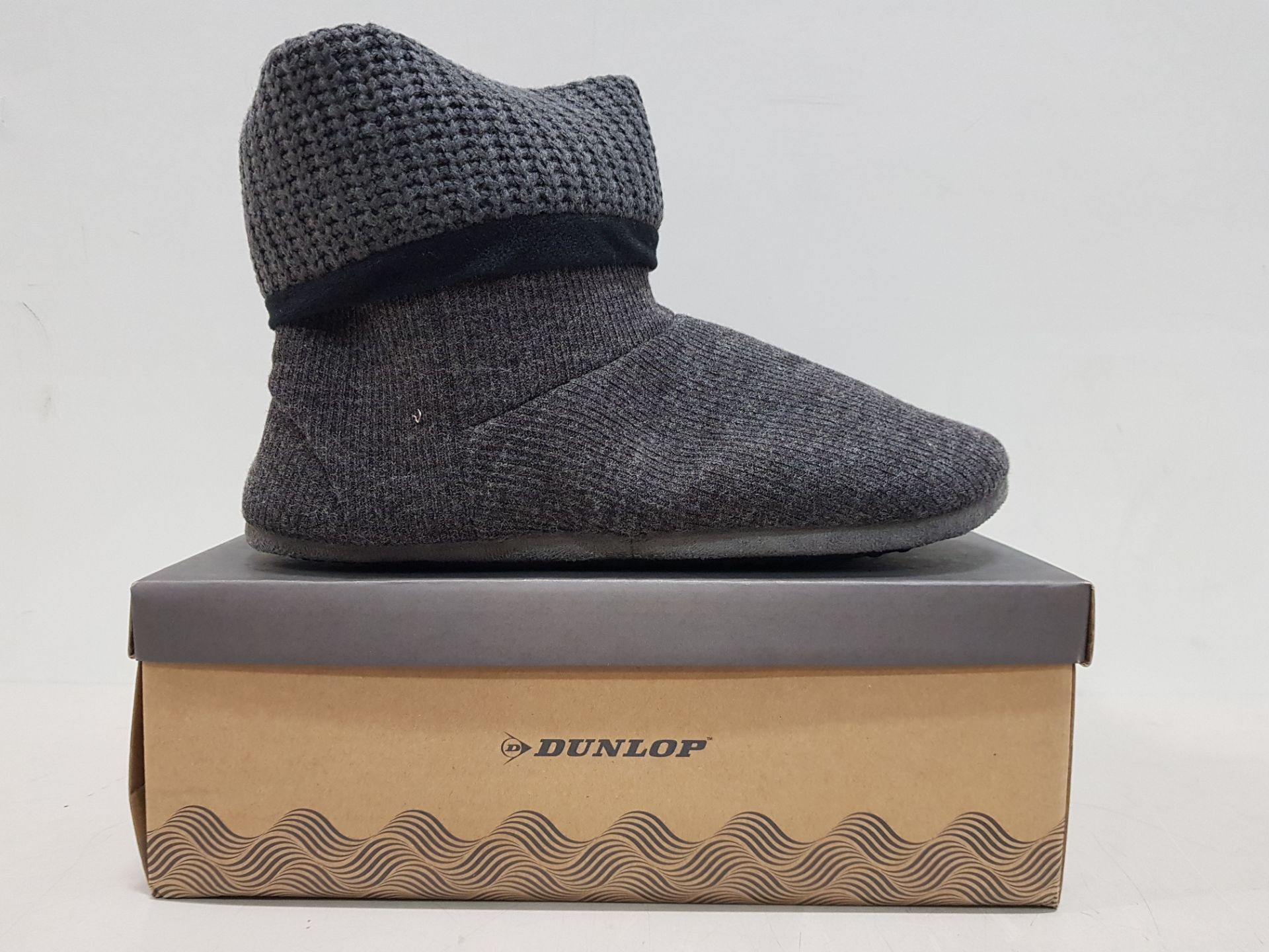 12 X BRAND NEW DUNLOP KNITTED PULL ON MEMORY FOAM INDOOR SLIPPERS -ALL IN GREY - ALL IN SIZE UK 11-
