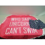 16 X PIECE BRAND NEW MIXED LOT CONTAINING 5 WHO SAID UNICORNS CANT SWIM BEACH TOWELS , 11 NAVY BRAVE