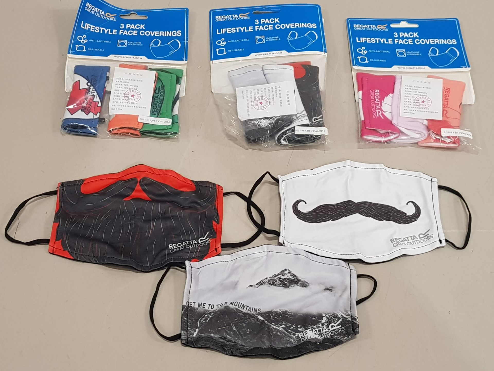 90+ BRAND NEW REGATTA PACK'S OF 3 FACE MASK IN VARIOUS STYLES / DESIGNS RRP £5 EACH TOTAL £450
