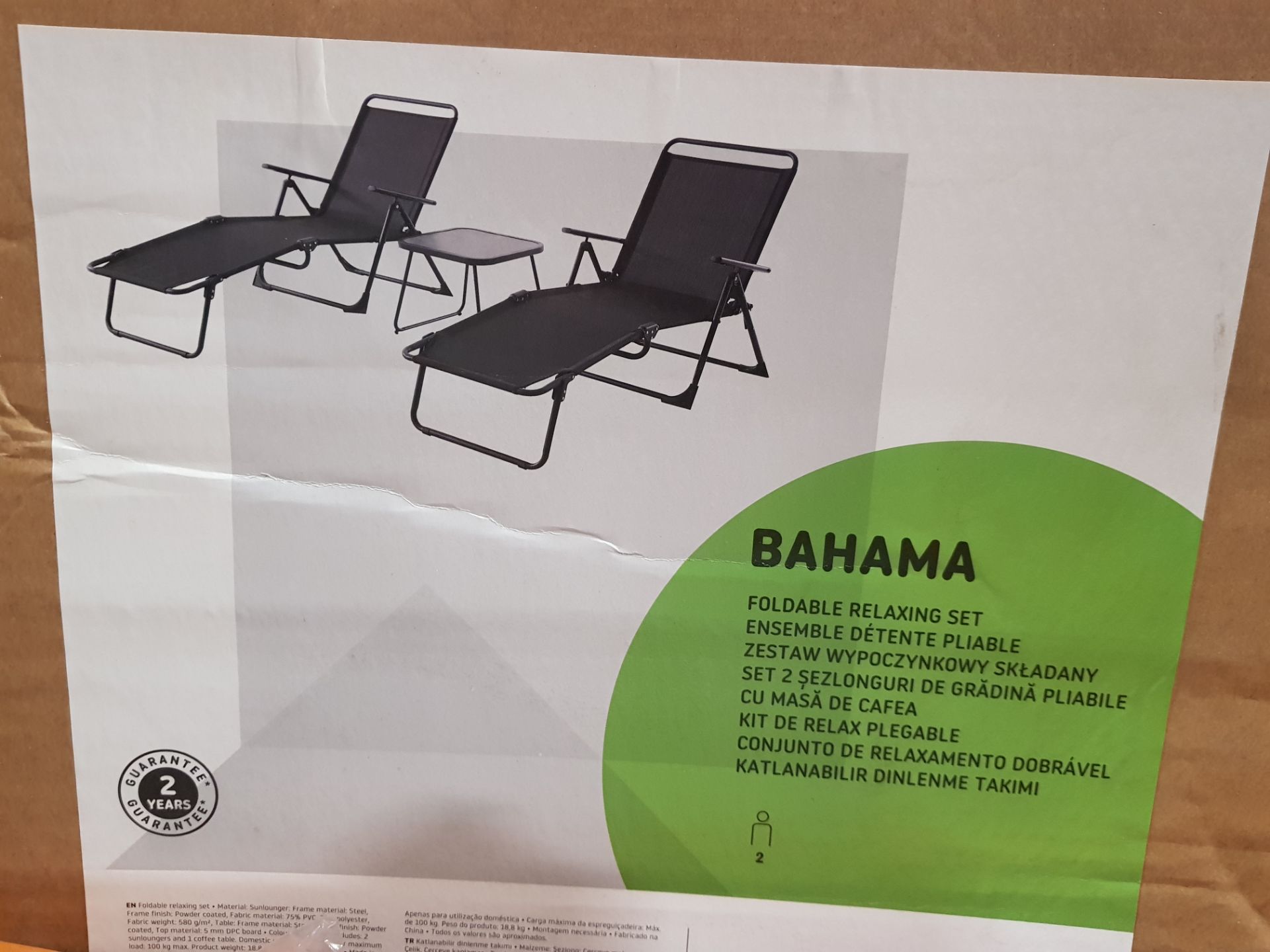 1 X BRAND NEW BAHAMA 2 SEATER FOLDABLE SUNLOUNGER AND COFFEE TABLE SET - IN BLACK COLOUR - IN 1 BOX - Image 2 of 2
