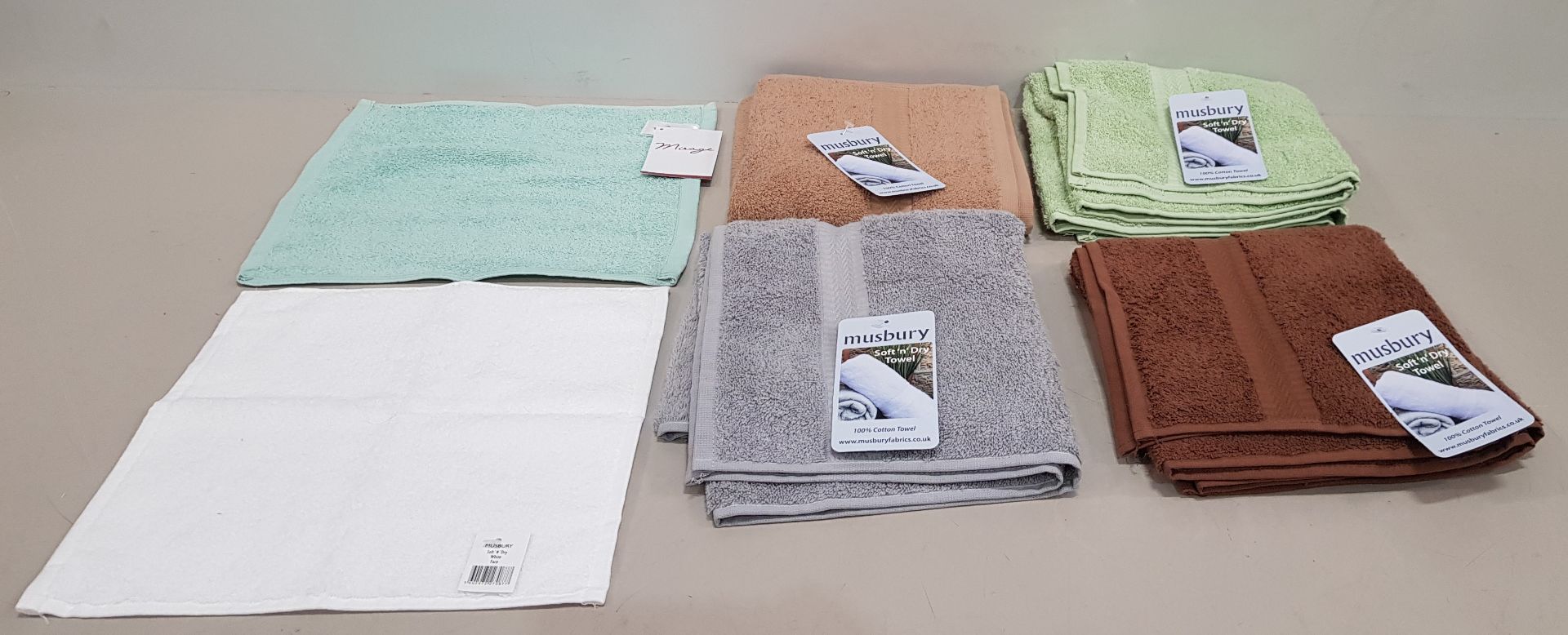 50 X BRAND NEW MIXED MUSBURY AND MISAGE SUPERSOFT N DRY BATH / HAND / FACE TOWELS - ALL IN VARIOUS