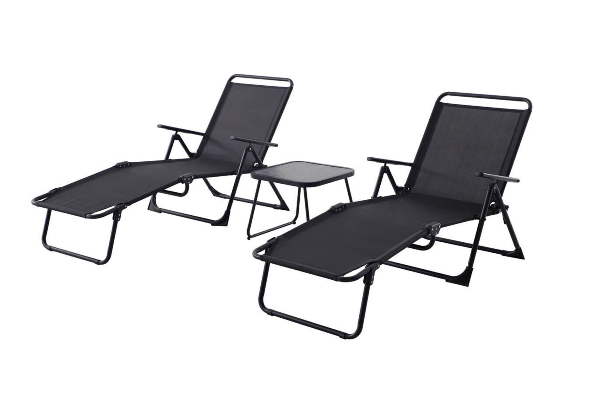 1 X BRAND NEW BAHAMA 2 SEATER FOLDABLE SUNLOUNGER AND COFFEE TABLE SET - IN BLACK COLOUR - IN 1 BOX