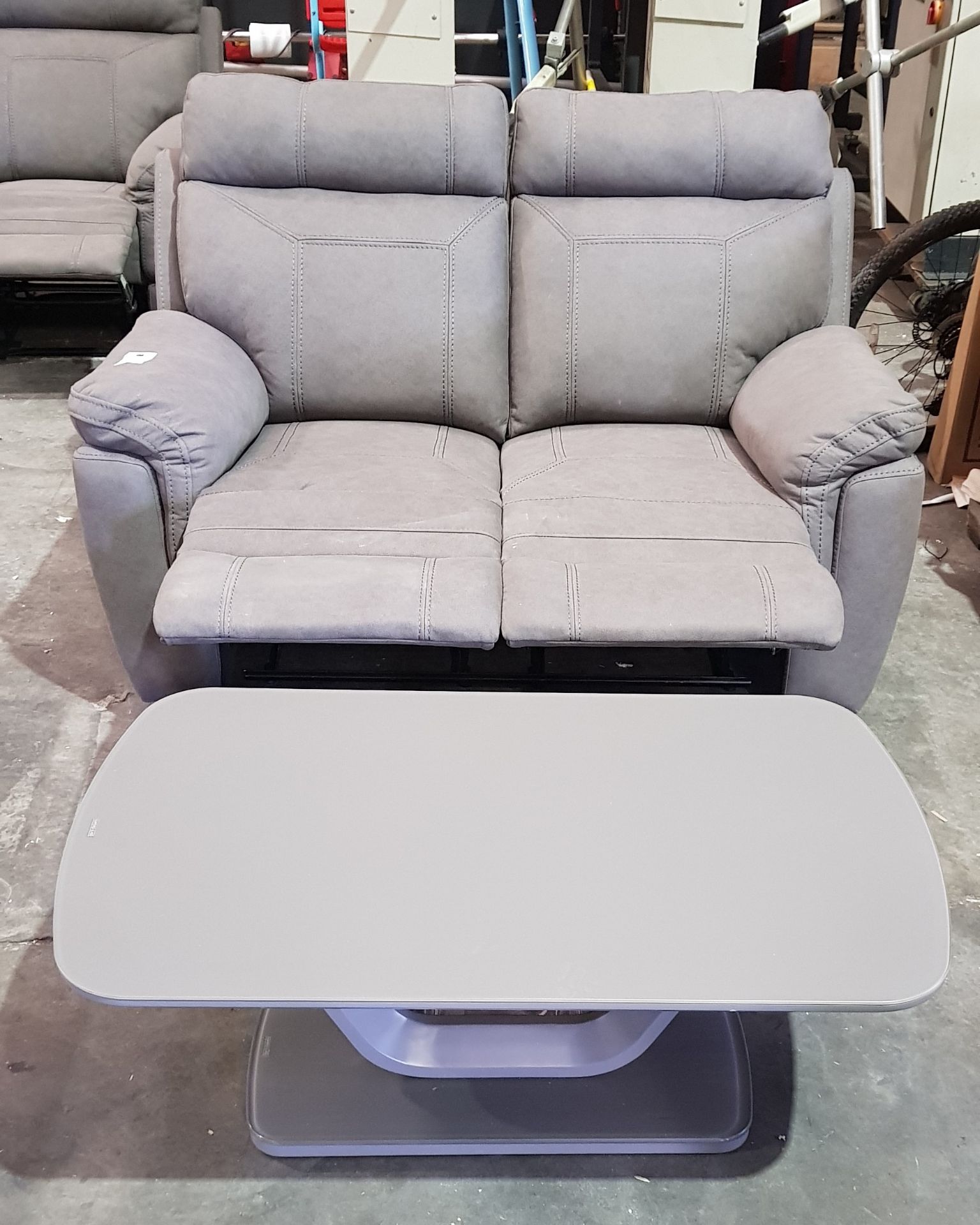 1 X 2 SEATER SUEDE STYLE RECLINER SOFA IN GREY - WITH GREY LAZZARO COFFEE TABLE - CUSTOMER RETRURNS