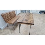 A CONTEMPORARY INDUSTRIAL STYLE DINING TABLE WITH HAIRPIN LEGS IN DARK WOOD WITH BOTTOMBACK