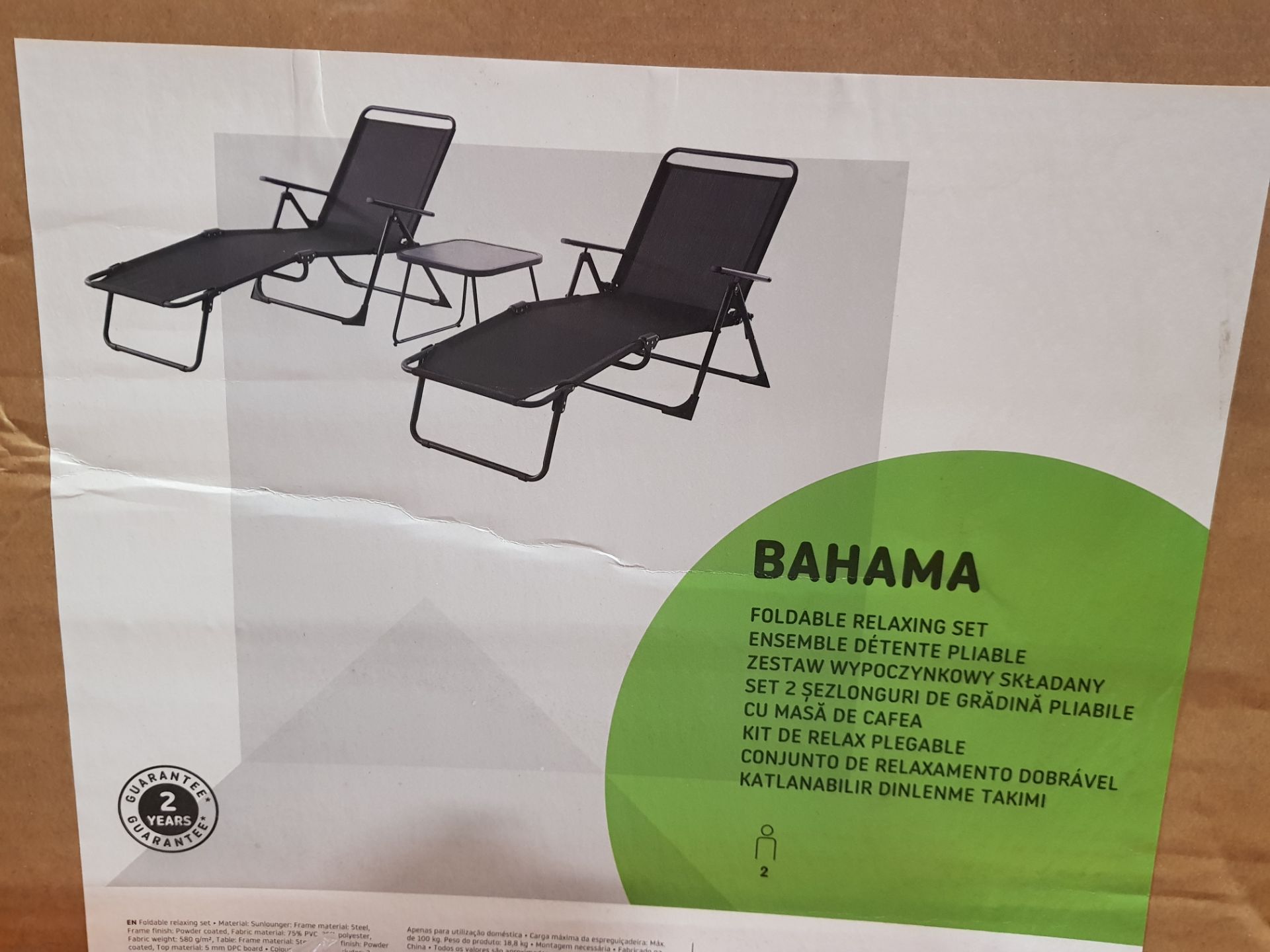 1 X BRAND NEW BAHAMA 2 SEATER FOLDABLE SUNLOUNGER AND COFFEE TABLE SET - IN BLACK COLOUR - IN 1 BOX - Bild 2 aus 2