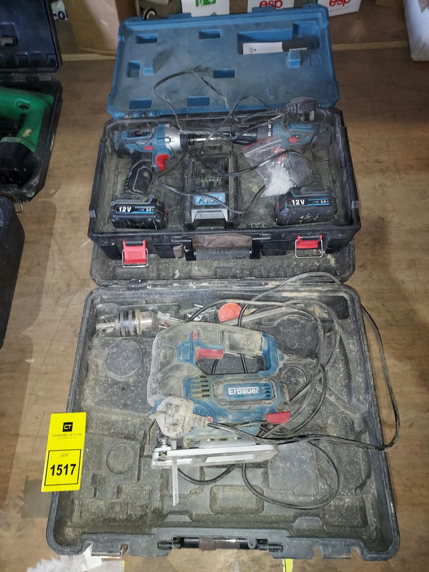 2 X MIXED TOOL LOT CONTAINING 1 x ERBAUER SET CONTAINING COMBI DRILL AND SCREWDRIVER SET / BATTERIES