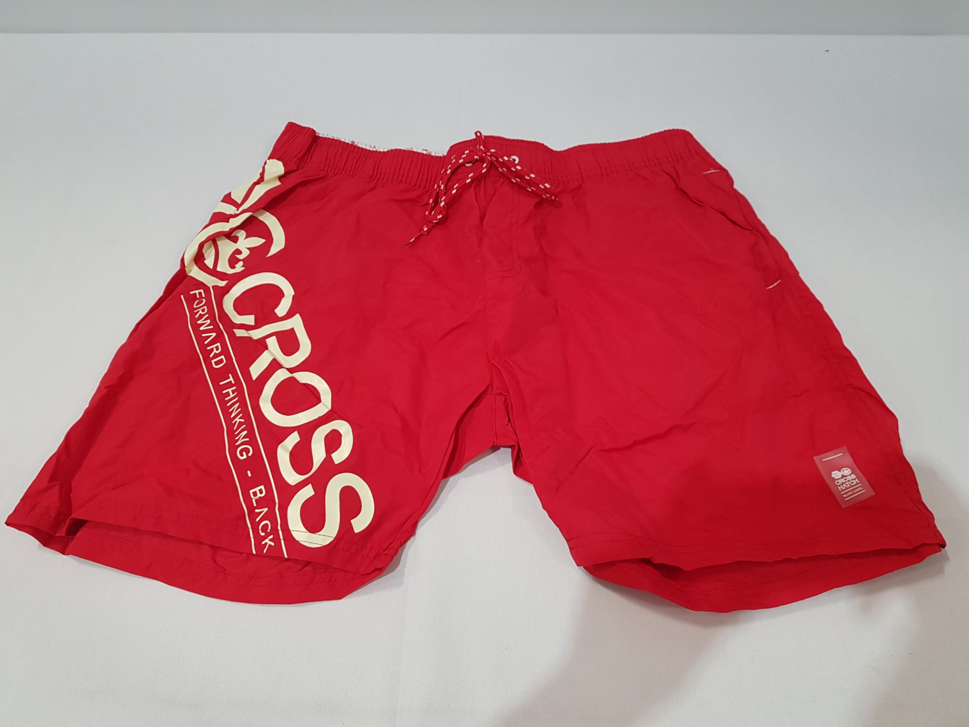 12 X BRAND NEW CROSSHATCH DESIGNER MESH LINED SWIM SHORTS WITH LOGO IN RED SIZES INCLUDE 6 LARGE,