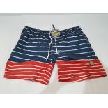 19 X BRAND NEW MIXED SOUTH SHORE SWIMMING SHORTS IN RED BLUE AND WHITE IN SIZES 3 SMALL, 11 LARGE, 4