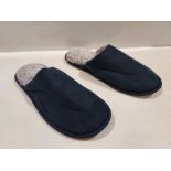 36 X BRAND NEW PAIRS OF PERSONALISED FAUX SUEDE SLIPPERS IN NAVY IN SIZE LARGE IN TWO BOXES