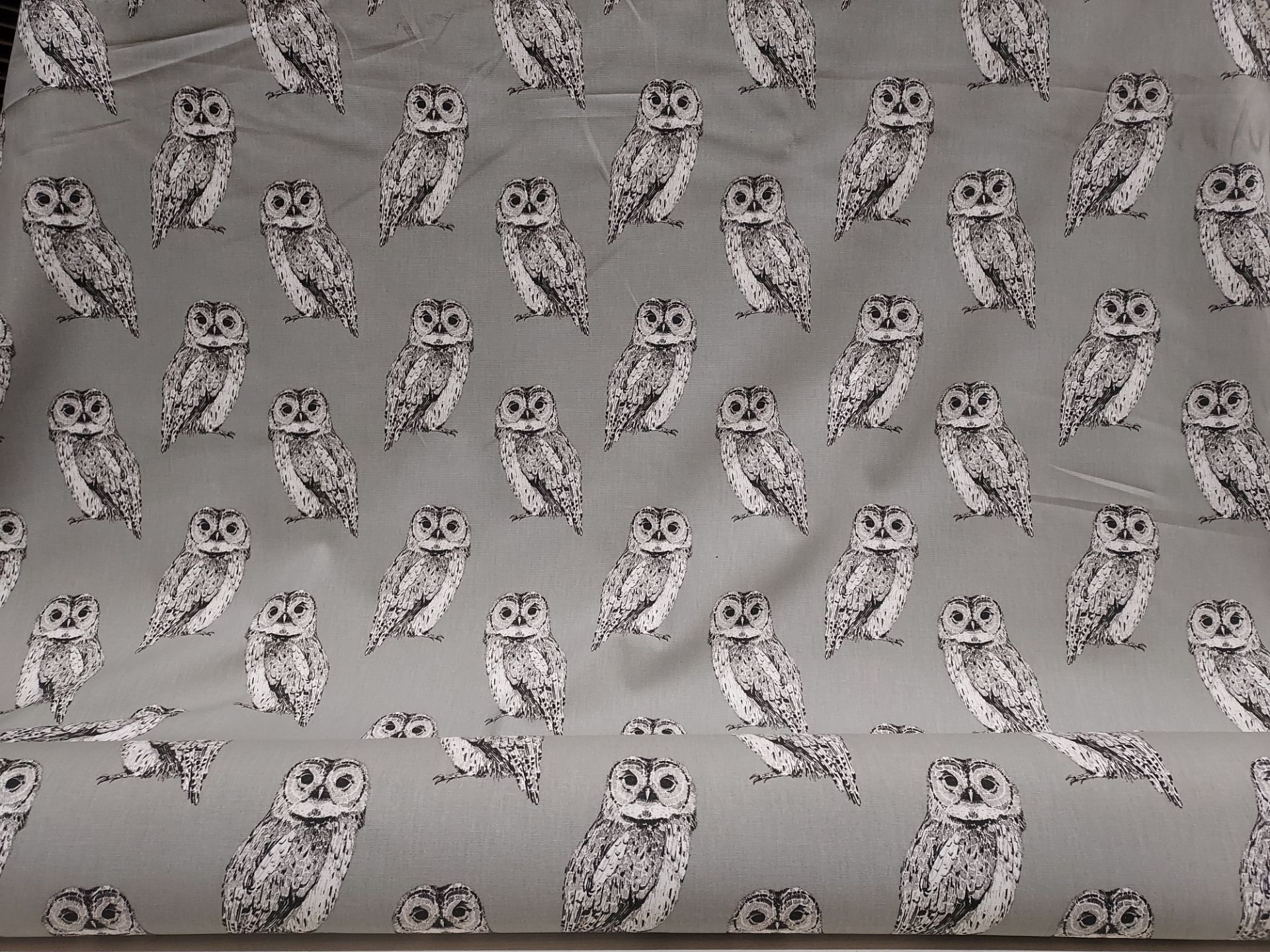 1 X EMBROIDED CURTAIN FABRIC 20 M WITH OWL DESIGN IN FLINT COLOUR- RRP PER METRE £17.99