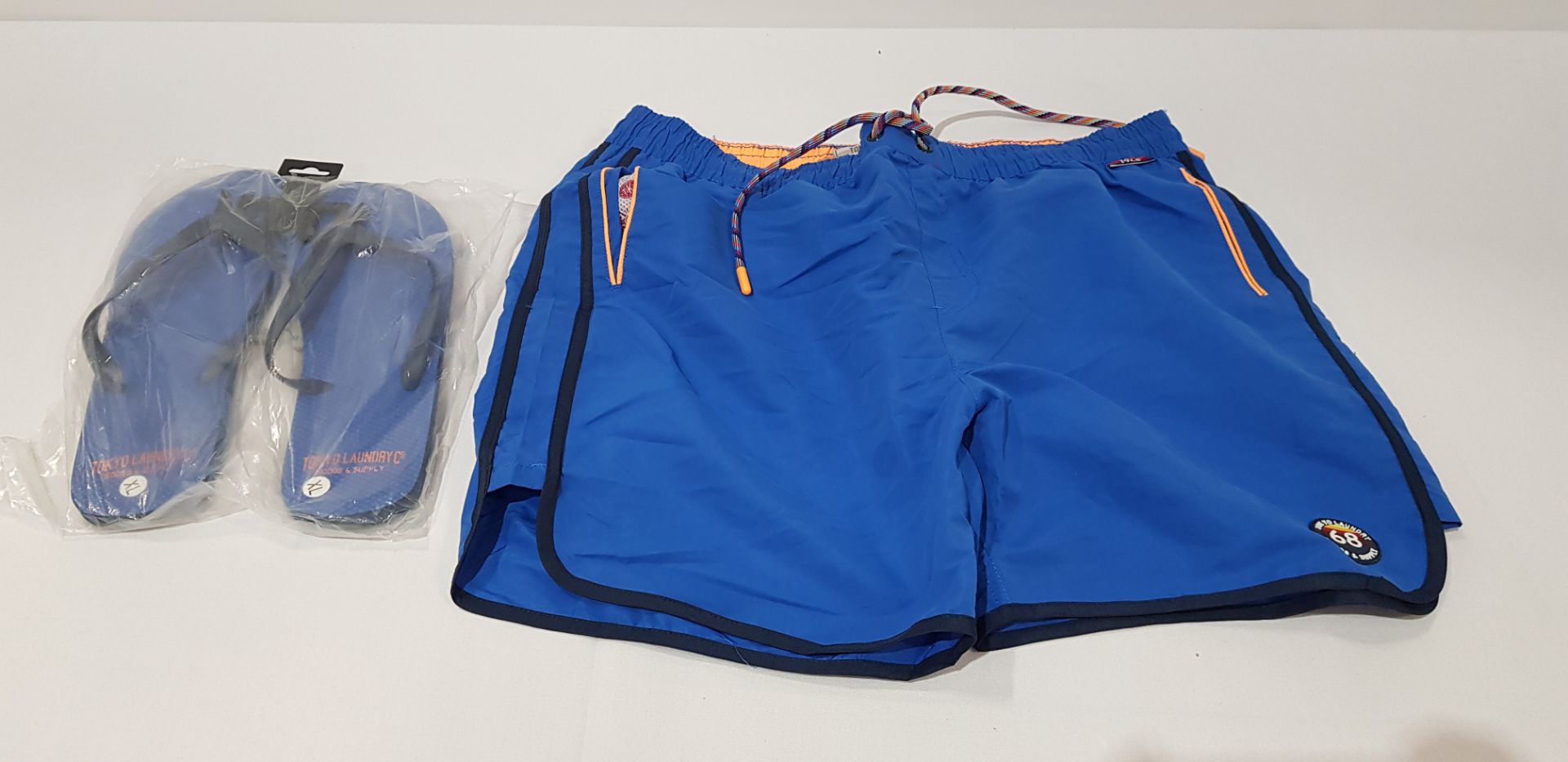 10 X BRAND NEW TOKYO LAUNDRY SHORTS AND FLIP FLOP SETS IN BLUE AND ORANGE SIZES INCLUDE 3 SMALL, 7