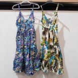 39 X BRAND NEW SUMMER PISTACHIO DRESSES IN MULTI-COLOUR BLUE AND MULIT COLOURED YELLOW AND BLUE,