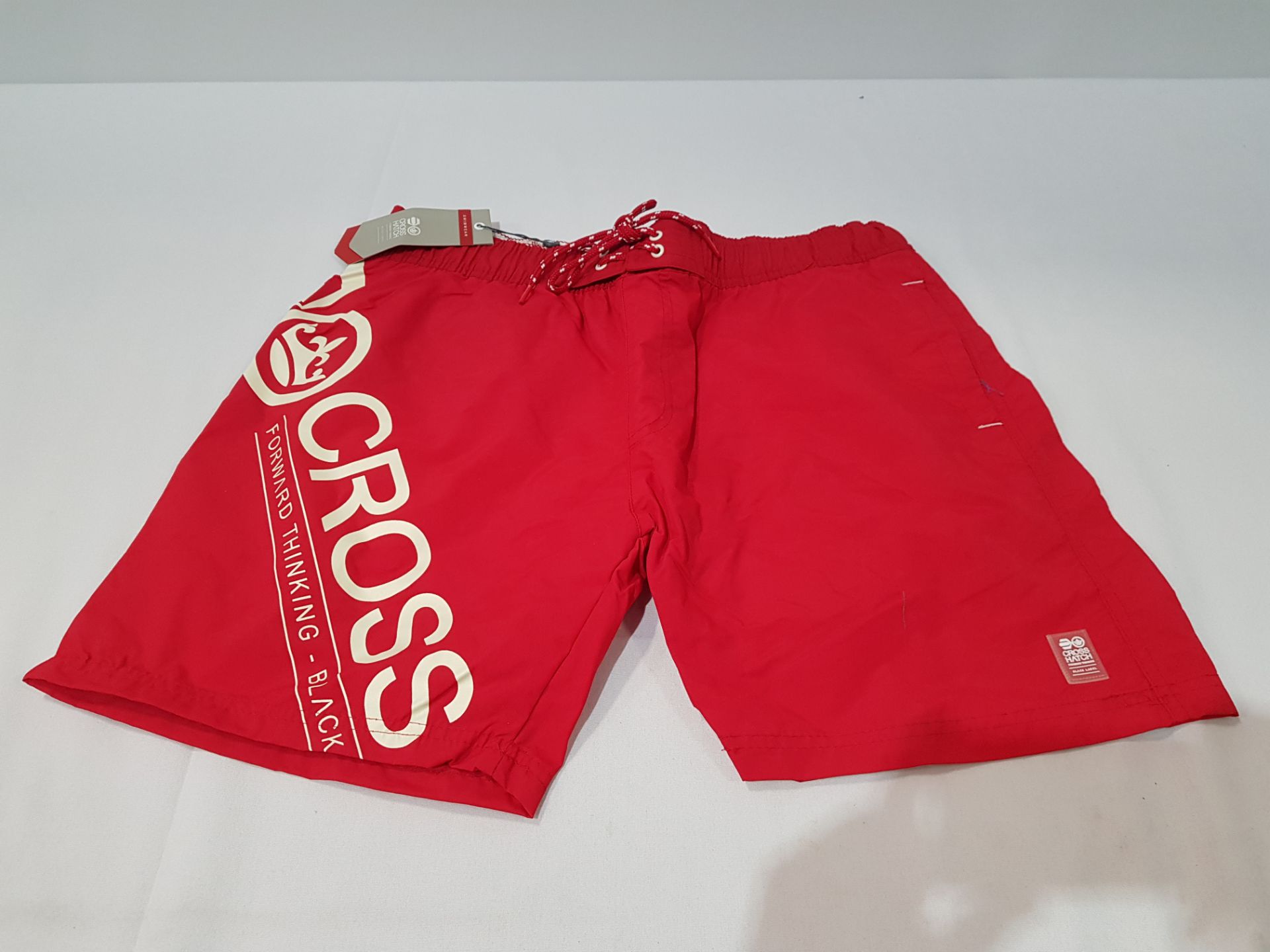10 X BRAND NEW CROSSHATCH DESIGNER MESH LINED SWIM SHORTS WITH LOGO IN RED SIZE XL(RRP £25 EACH)