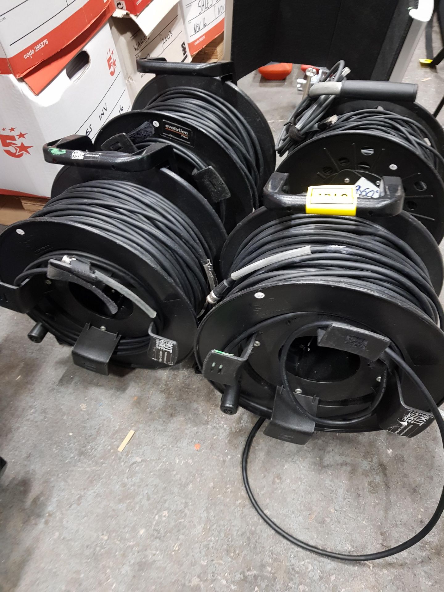 4 ASSORTED CABLE REELS IE. EVOLUTION VIDEO 75M SDI CABLE 2 X UNBRANDED ...