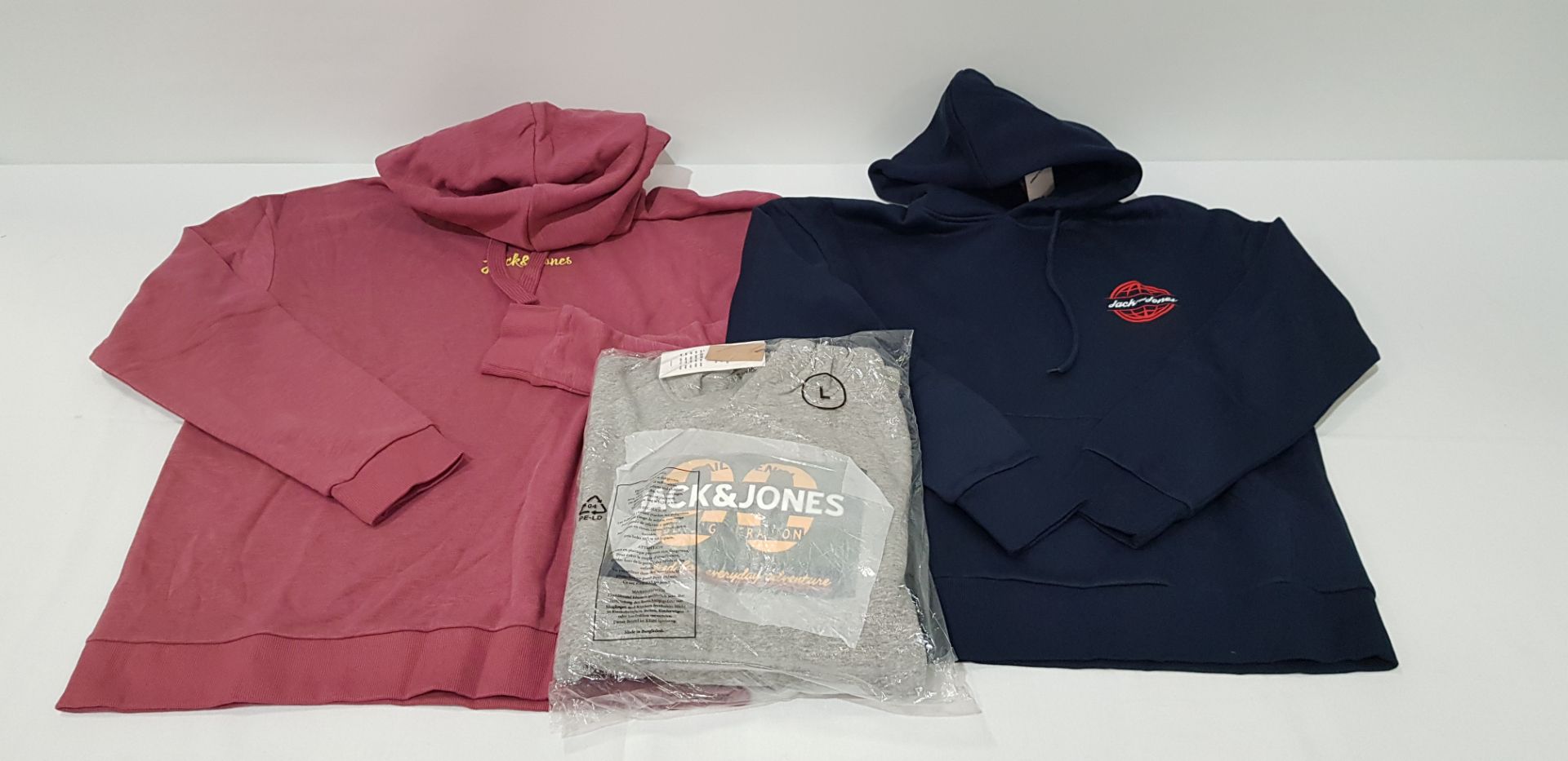 11 X BRAND NEW MIXED LOT CONTAINING 7 JACK AND JONES HOODIES IN GREY, NAVY AND ROSE RED IN MIXED
