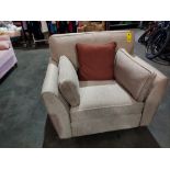 1 X BRAND NEW ARM CHAIR IN LIGHT BROWN/ GREY