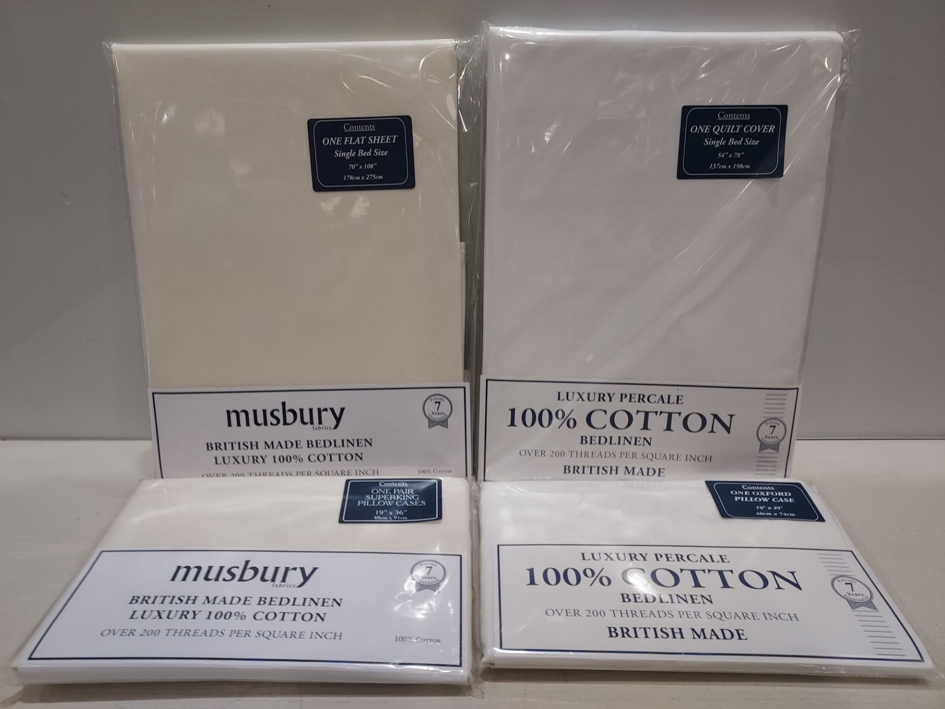 120 X PIECE BRAND NEW MIXED BEDDING LOT CONTAINING MULTIPLE MUSBURY MIXED SINGLE AND DOUBLE FLAT BED