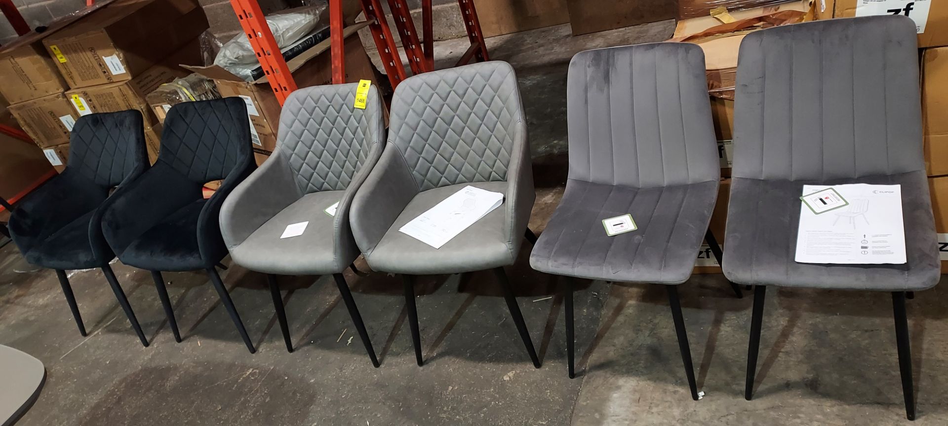 3 X SET OF 2 BRAND NEW DINING CHAIRS IN VARIOUS STYLES IN GREY VELVET- GREY LEATHER LOOK / NAVY BLUE