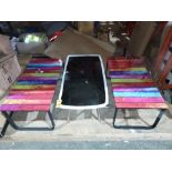 3 X BRAND NEW MIXED COFFEE TABLES TO INCLUDE 2 X GLASS TOP MULTICOLOURED ( L 100 CM X W 50 CM X 42