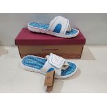 12 X BRAND NEW DUNLOP JAYNE ADJUSTABLE STRAP MEMORY FOAM SLIDERS ( DLP077) - IN WHITE AND BLUE 6 X