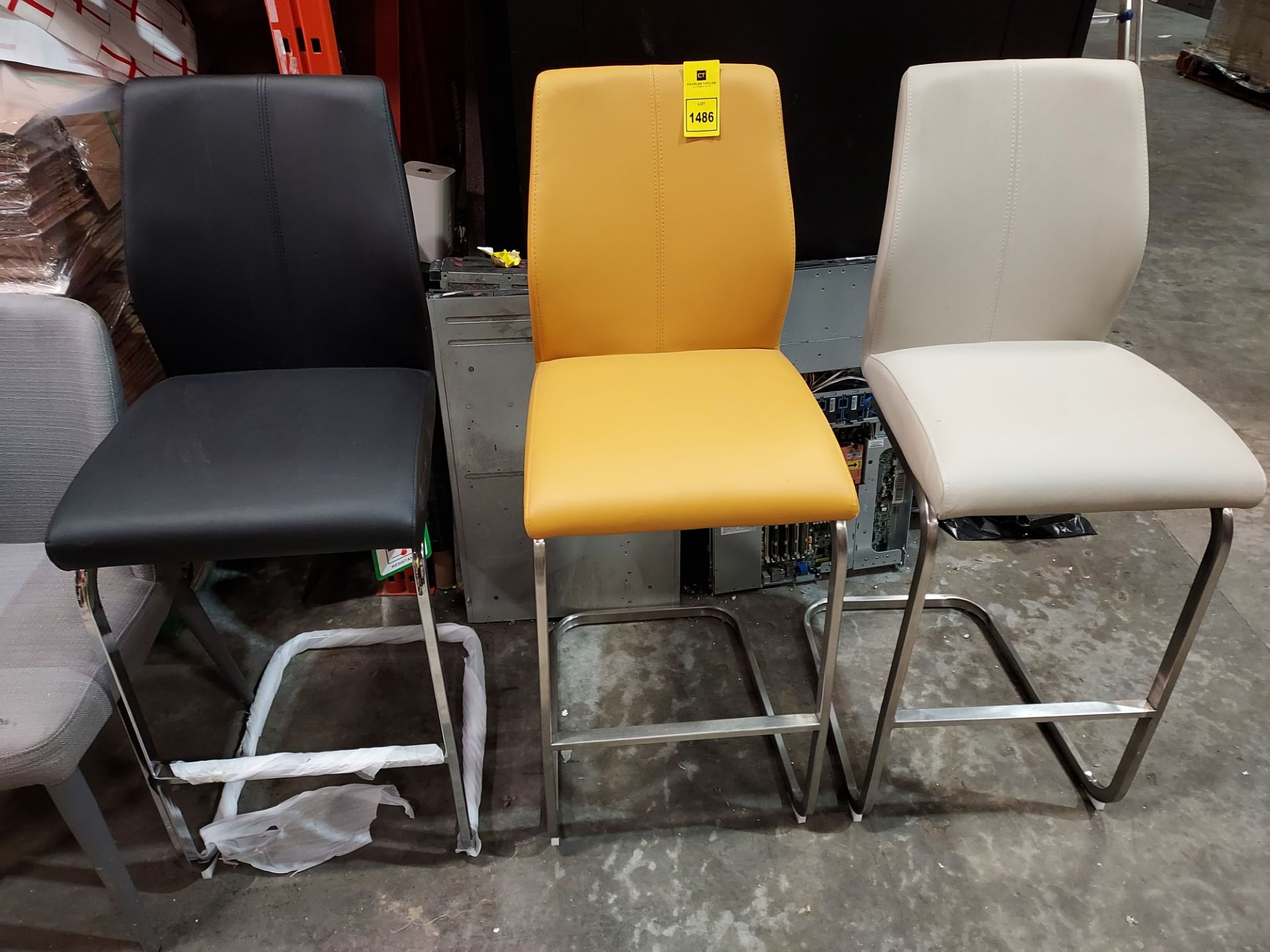 3 X BAR STOOLS IN MIXED COLOURS- BLACK, ORANGE AND CRÈME-