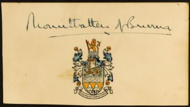 LOUIS MOUNTBATTEN, EARL OF BURMA Small card with coloured Coat of Arms, signed MOUNTBATTEN OF BURMA