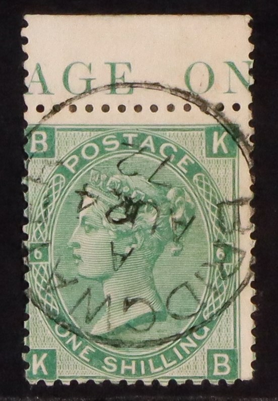 GB.QUEEN VICTORIA 1867-80 1s green 'KB' plate 6, wmk Spray, with DOUBLE PLATE NUMBER at right,