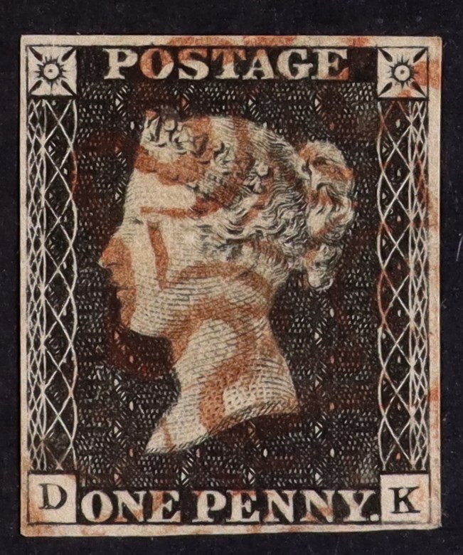 GB.PENNY BLACKS 1840 1d black 'DK' plate 6, SG 2, used with 4 margins & red MC cancellation. Cat £