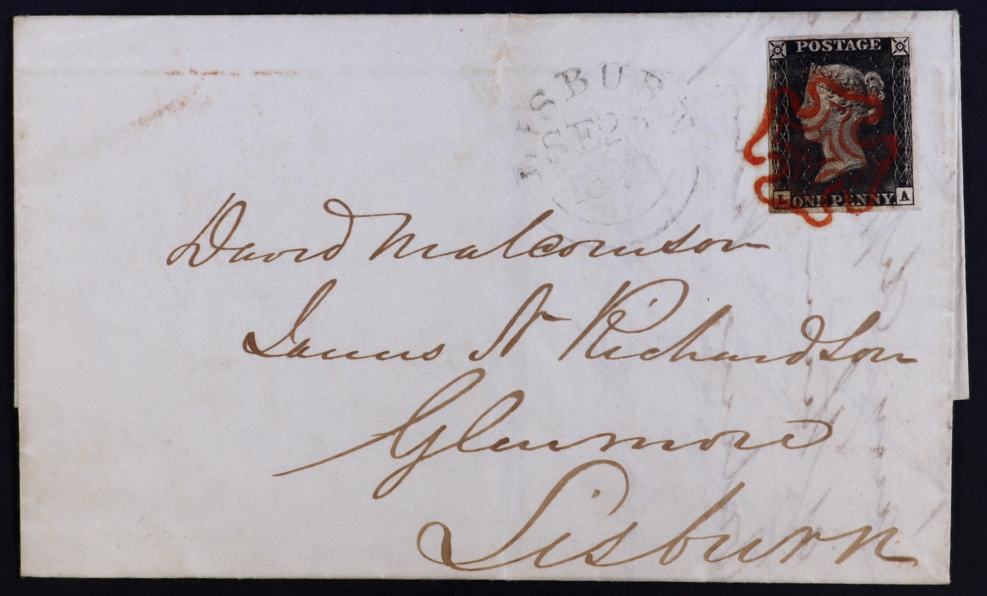 GB.PENNY BLACKS 1840 (23 Sep) entire letter bearing 1d back 'LA' plate 2 (4 margins) tied by red