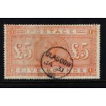 GB.QUEEN VICTORIA 1867-83 £5 orange, SG 137, used with superb small GLASGOW JA 31 96 cds