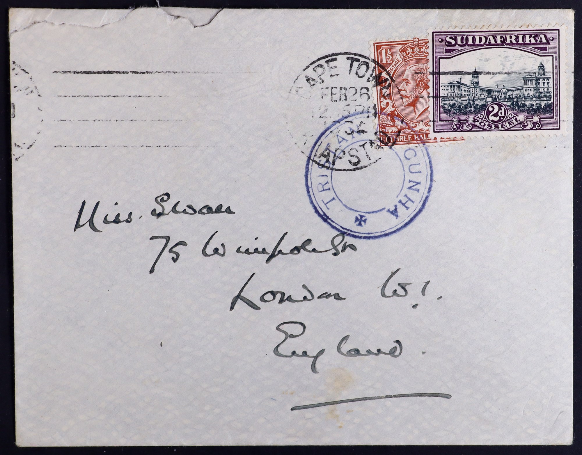 TRISTAN DA CUNHA 1934 env to England bearing GB 1½d stamp tied Tristan type V cachet in violet, a