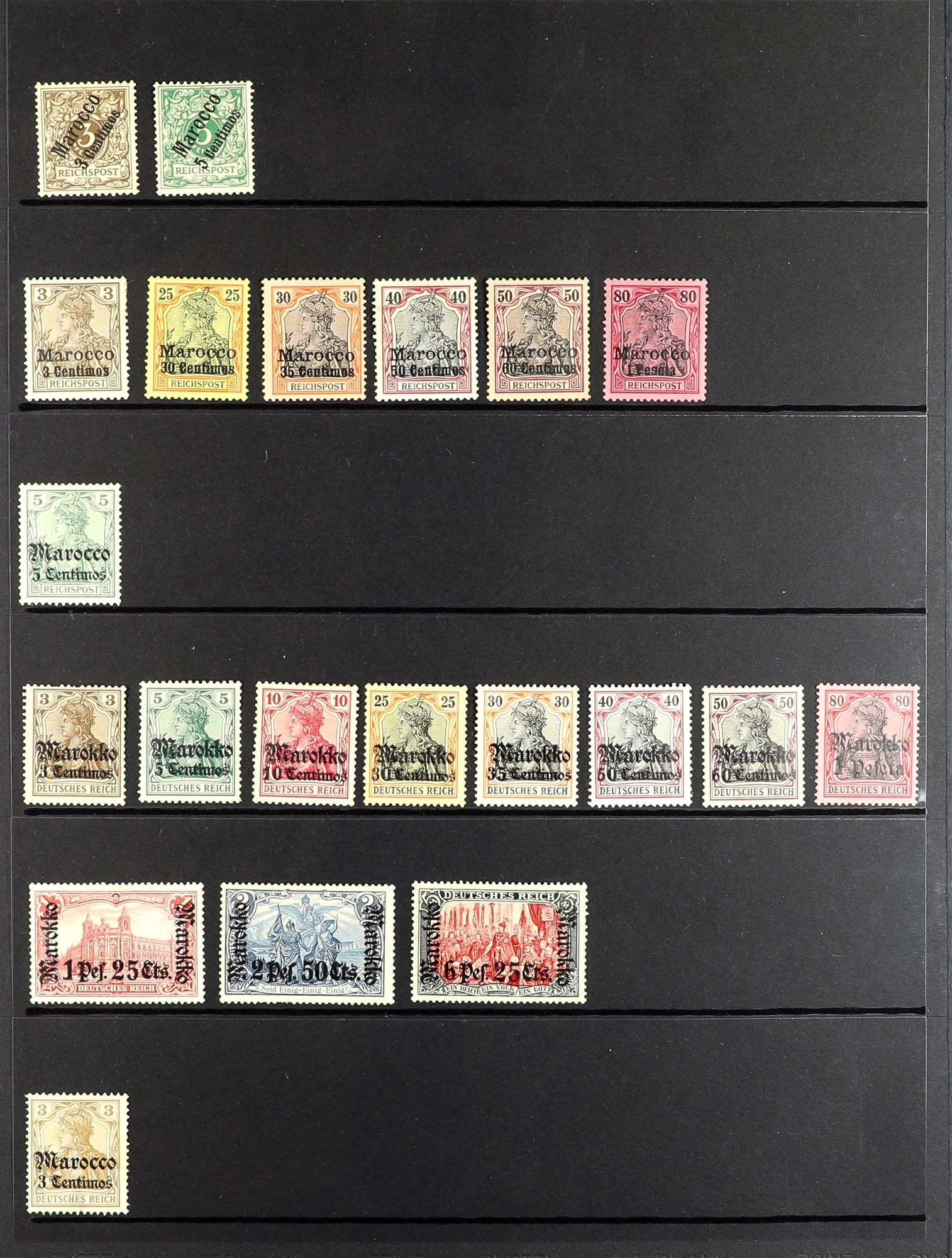 GERMANY GERMAN P.O.s IN MOROCCO 1899-1906 collection of 21 mint stamps on protective page, Michel €