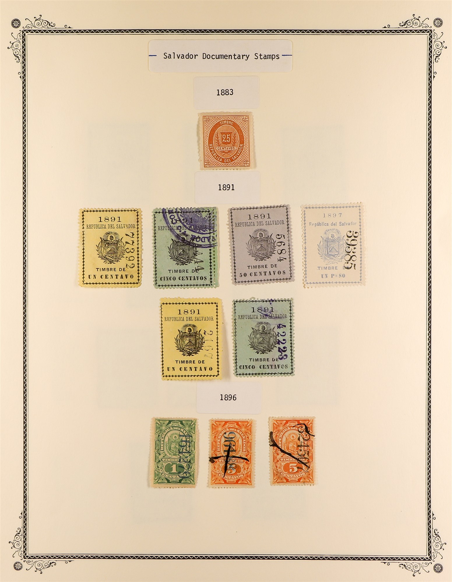 EL SALVADOR REVENUE STAMPS 1883 - 1925 mint & used collection of over 400 revenue stamps, on album