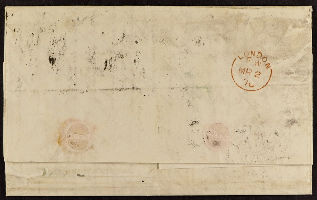 GB.QUEEN VICTORIA 1870 (1 Mar) EL 'per R. M. Steamer'  to Mexico bearing three 1s green plate 15 ( - Image 2 of 2