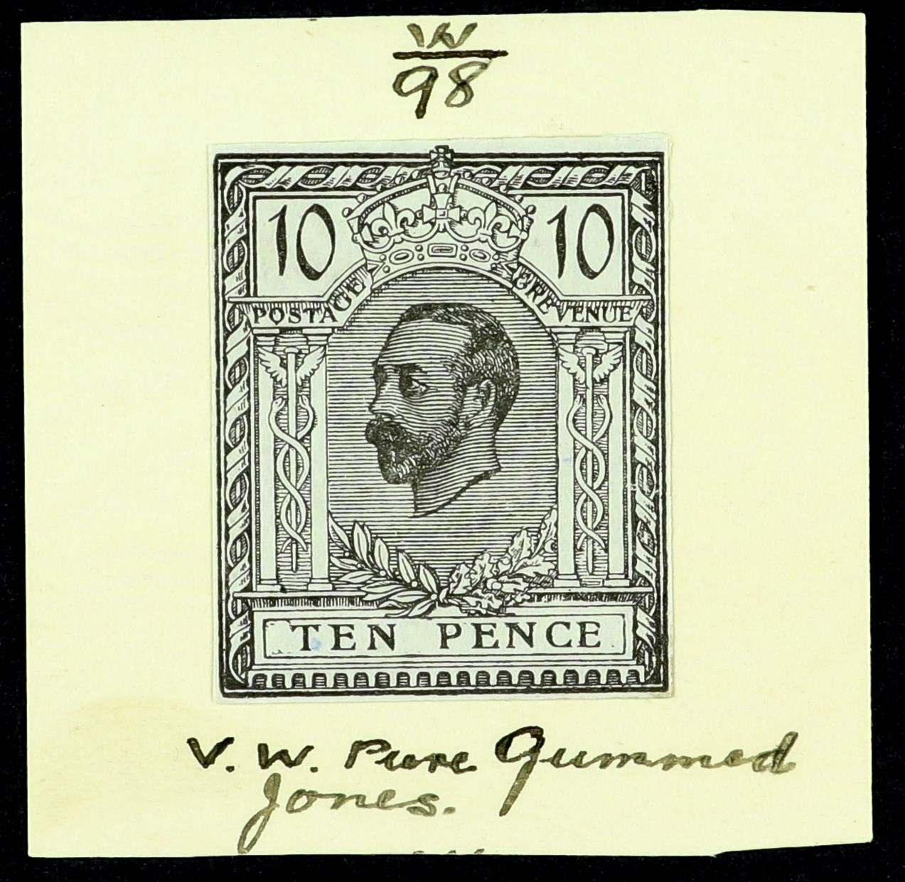 GB.GEORGE V 1910 DOWNEY TRIAL 10d black on greyish paper, cut close and affixed to piece of thin