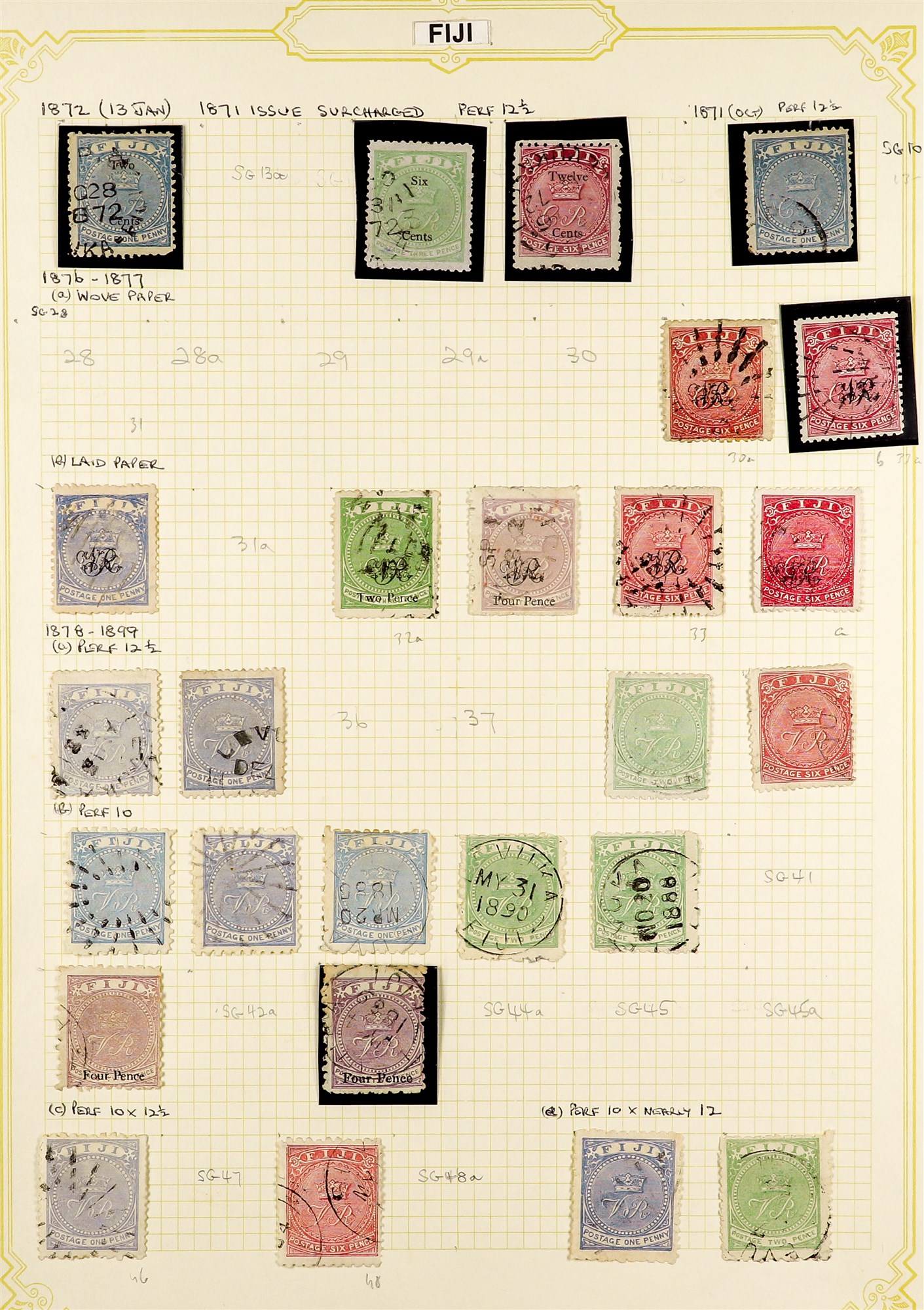 FIJI 1871 - 1891 COLLECTION of over 60 stamps on pages, note 1871 1d, 1872 surcharges set, 1876-66