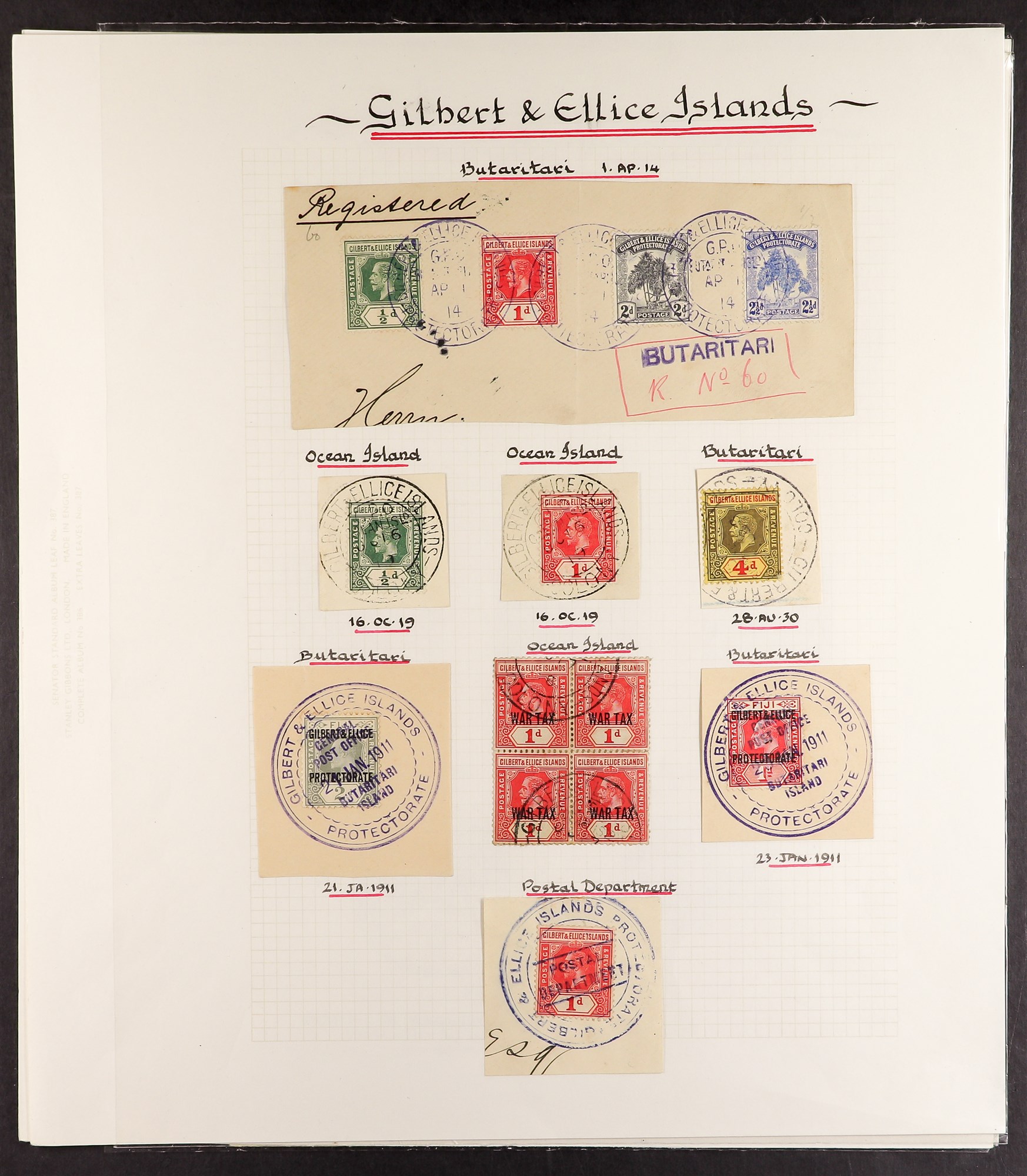 GILBERT & ELLICE IS 1911 - 1944 CANCELLATIONS range of chiefly stamps on piece, note 1911 1d, (2),