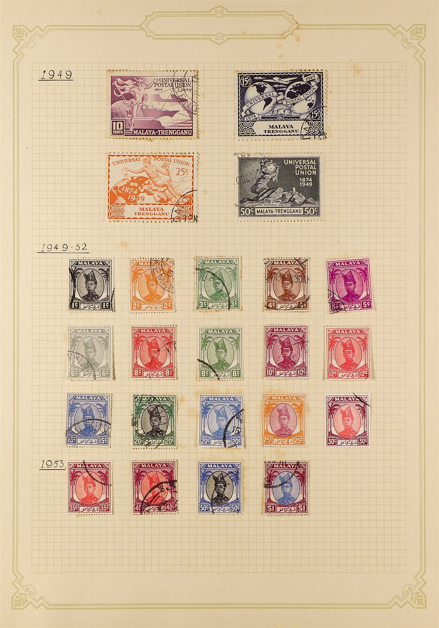 MALAYA STATES TRENGGANU 1910 - 1986 collection of 120+ used stamps on album pages, stc £900+ not - Image 4 of 8