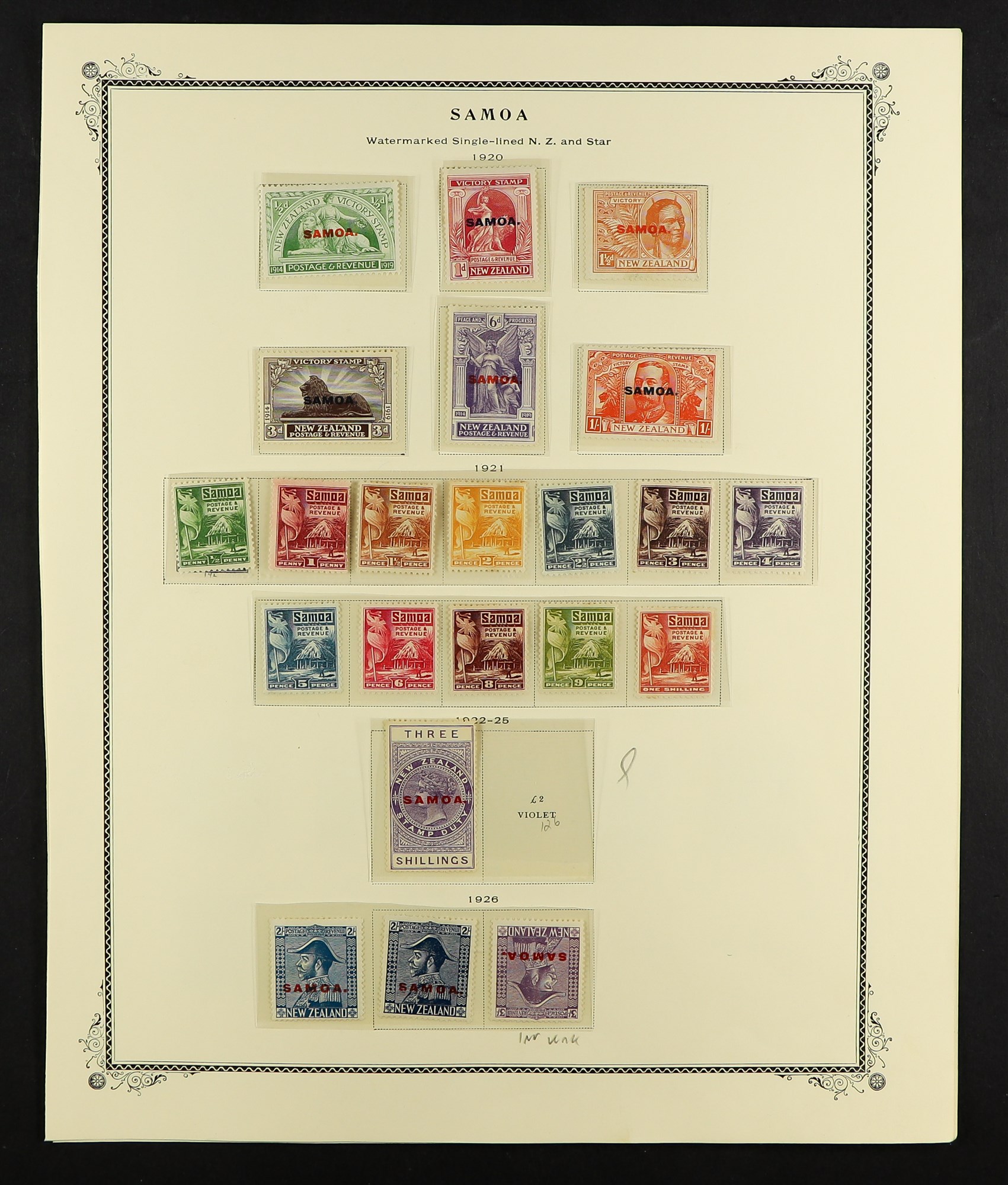 SAMOA 1914 - 1958 MINT COLLECTION of over 90 stamps, on album pages, 1914-24 Postal Fiscals set, - Image 2 of 5