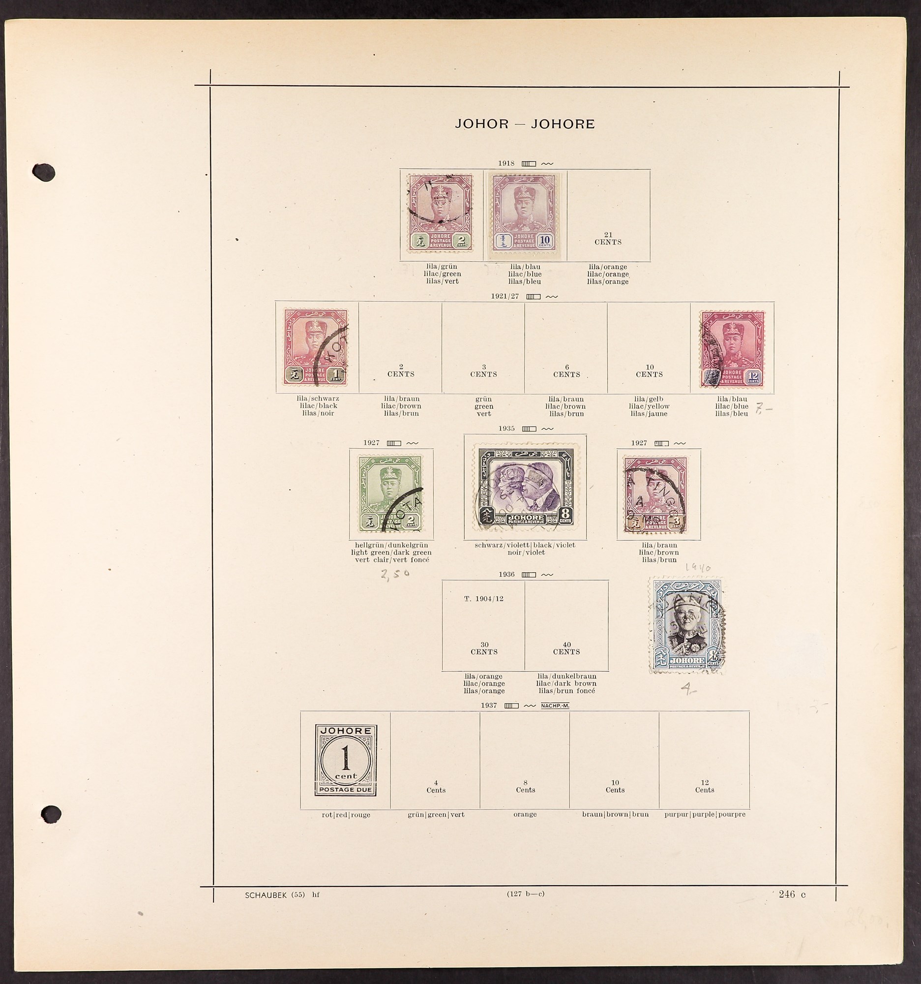 MALAYA STATES JOHORE collection of 64 mint & used stamps spanning 1884 - 1941 old album pages. - Image 5 of 5