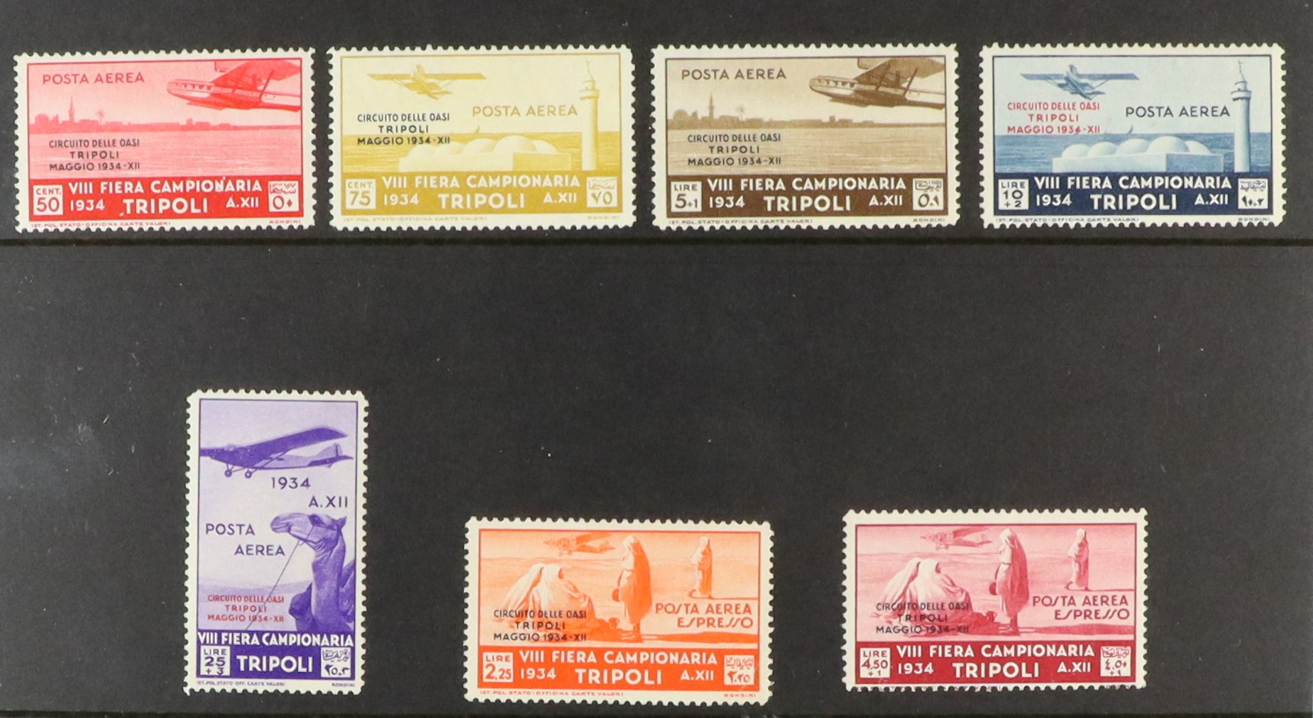 ITALIAN COLONIES TRIPOLITANIA 1934 Air Oasis Flight complete set including Express stamps, Sassone